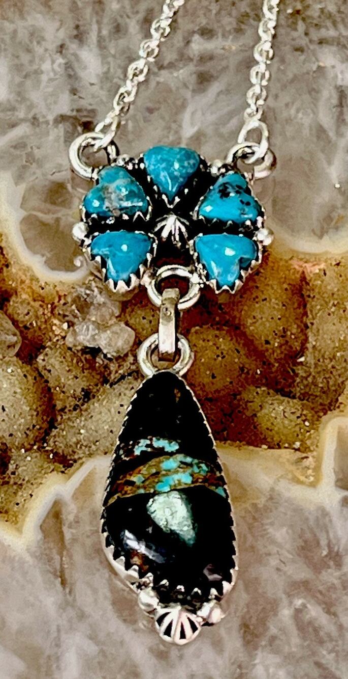 Sterling Silver Black Jack & Kingman Turquoise Cluster Necklace Southwestern